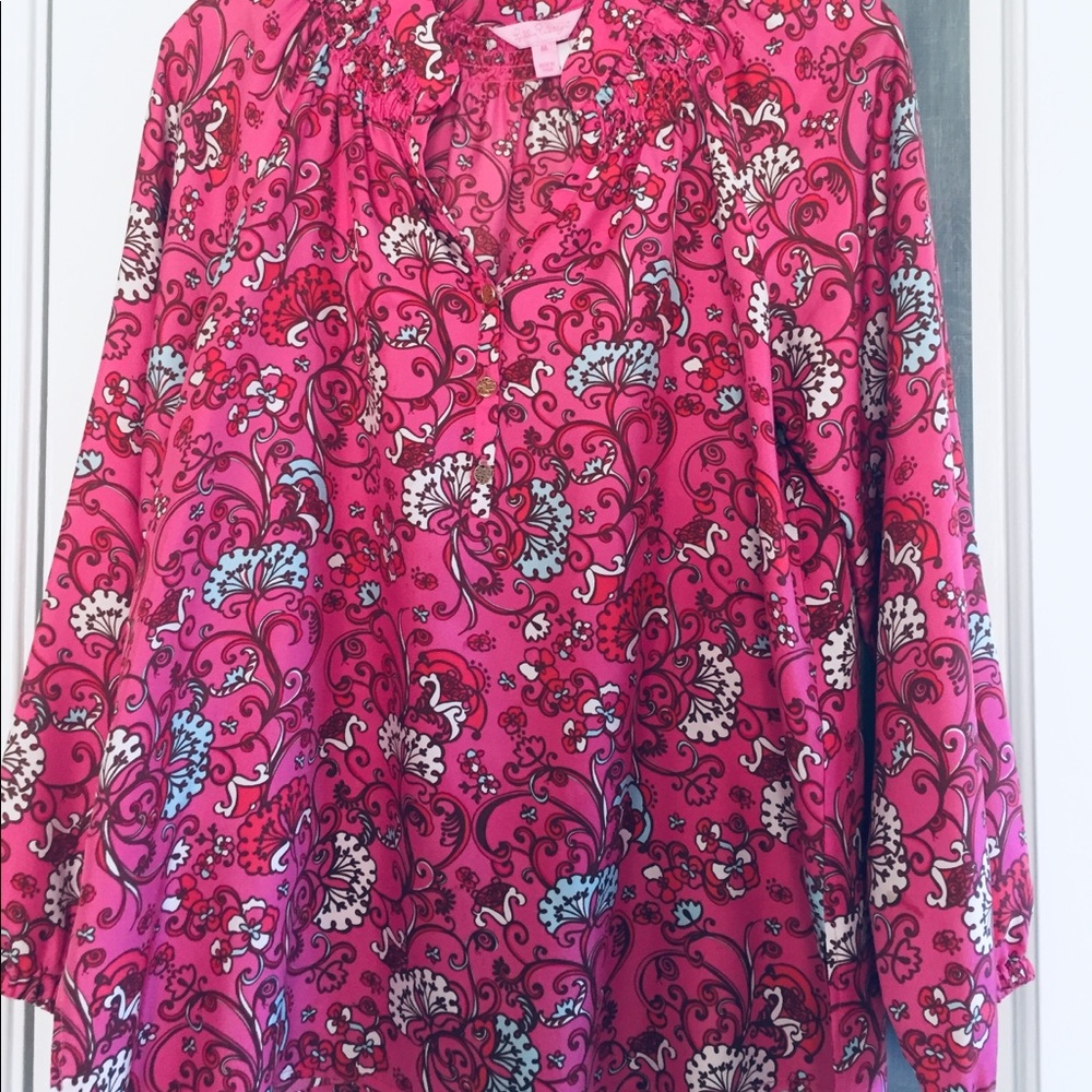 Lilly Pulitzer Elsa Silk Blouse in Hotty Pink Ring My Chimes